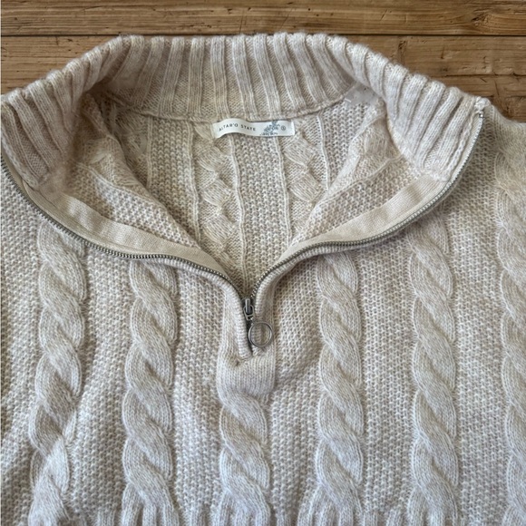 Altar'd State Cream, Oatmeal, Half-Zipped Cable Knit Turtleneck Sweater, Cropped - Picture 2 of 7